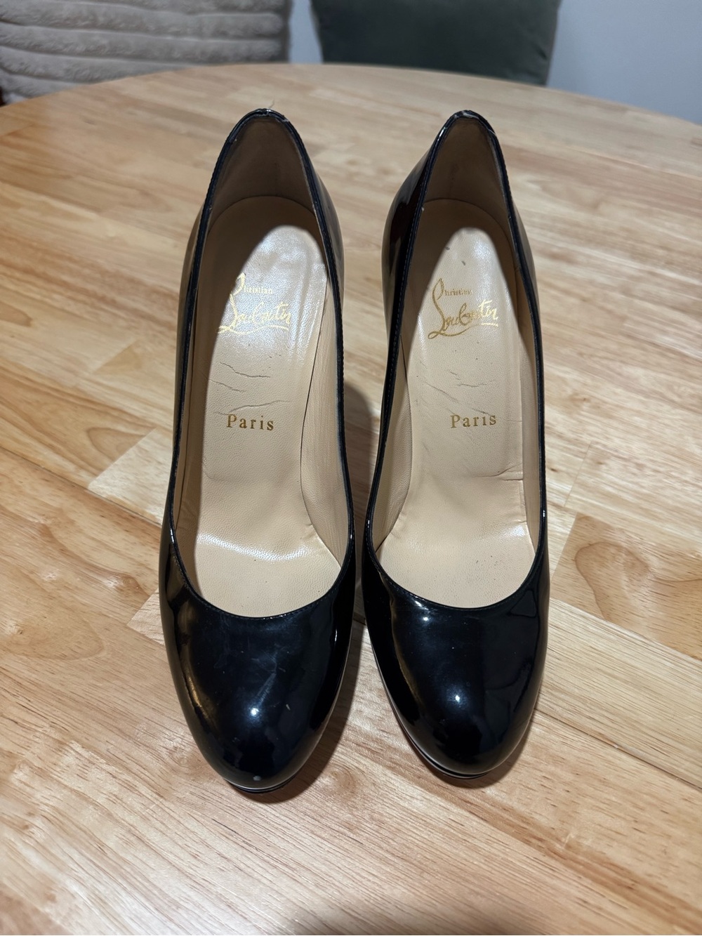 Christian Louboutin Black Patent Leather Round-Toe Pumps